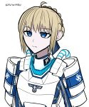 1girl ahoge alternate_costume armor artoria_pendragon_(fate) blonde_hair blue_eyes fate_(series) hair_between_eyes hair_bun highres koalakanru nazi pauldrons power_armor reichsadler saber_(fate) science_fiction shoulder_armor sidelocks solo ss_insignia swastika waffen-ss white_armor 