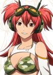  1girl absurdres bikini bikini_top_only body_freckles breast_freckles breasts brown_eyes camouflage camouflage_bikini cleavage commentary detached_sleeves english_commentary freckles goggles goggles_on_head green_bikini hair_between_eyes headphones highres long_hair looking_at_viewer medium_breasts missing_tooth nifast_(greentail) noragami original parody red_hair shoulder_freckles smile solo style_parody swimsuit truck_(nifast_(greentail)) two_side_up upper_body white_background white_sleeves 