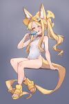  1girl :q animal_ear_fluff animal_ears bare_shoulders blonde_hair blue_archive boots breasts closed_mouth commentary covered_navel english_commentary eyewear_hang food forehead fox_ears fox_girl fox_tail full_body grey_background highres holding holding_food leotard long_sleeves miya_(miyaruta) off_shoulder open-toe_boots parted_bangs popsicle puffy_long_sleeves puffy_sleeves purple_eyes red-tinted_eyewear seia_(blue_archive) seia_(swimsuit)_(blue_archive) side_ponytail simple_background sitting small_breasts smile solo sunglasses tail tinted_eyewear tongue tongue_out unworn_eyewear visor_cap white_leotard yellow_boots 