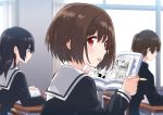  1boy 2girls :p bangs black_hair black_shirt blue_eyes blush book brown_eyes brown_hair classroom commentary_request desk eyebrows_visible_through_hair from_side highres holding holding_book indoors long_hair looking_at_viewer looking_to_the_side manga_(object) math mousou_(mousou_temporary) multiple_girls open_book original pen red_eyes sailor_collar school school_desk school_uniform serafuku shirt short_hair tongue tongue_out white_sailor_collar writing 