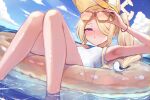  1girl animal_ear_fluff animal_ears armpits bird blonde_hair blue_archive blue_sky blush day eyewear_on_head fox_ears hair_over_one_eye halo highres innertube long_hair namama_(namama82) one-piece_swimsuit outdoors parted_lips seia_(blue_archive) seia_(swimsuit)_(blue_archive) sky soaking_feet solo sunglasses swim_ring swimsuit visor_cap water white_one-piece_swimsuit yellow_halo 
