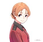  1girl braid brown_hair closed_mouth dated from_side girls_und_panzer horikou jacket looking_at_viewer looking_to_the_side orange_pekoe_(girls_und_panzer) purple_eyes red_jacket signature simple_background smile solo upper_body white_background 