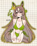  1girl animal_ears bikini blush braid breasts brown_eyes brown_hair cleavage dated double-parted_bangs ear_ornament green_bikini hair_between_eyes half_up_braid horse_ears horse_girl horse_tail long_hair looking_at_viewer multicolored_hair navel open_mouth saramiao-chan satono_diamond_(umamusume) side-tie_bikini_bottom signature smile solo streaked_hair swimsuit tail umamusume 