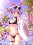  1girl absurdres alternate_costume animal_ear_fluff animal_ears arm_up bikini black_bikini black_choker blush bow braid braided_twintails breasts carrot_hair_ornament choker cloud cowboy_shot eyewear_on_head food-themed_hair_ornament hair_ornament highres holding holding_swim_ring hololive long_hair looking_at_viewer multicolored_hair navel outdoors palm_tree parted_lips purple_hair rabbit_ears red_eyes shiriaru_(jjonaeng) side-tie_bikini_bottom sidelocks sky small_breasts solo splashing standing standing_on_liquid stomach sunglasses swim_ring swimsuit thick_eyebrows thigh_strap tree two-tone_hair usada_pekora virtual_youtuber white_bow white_hair white_innertube wristband 