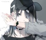  1girl black_hair choker cross eyebrows_visible_through_hair fur_collar grey_eyes hat highres jewelry long_hair looking_at_viewer necklace original rinku_(rin9) solo watch wristwatch 