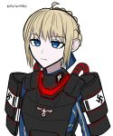  1girl ahoge alternate_costume armor artoria_pendragon_(fate) black_armor blonde_hair blue_eyes fate_(series) hair_between_eyes hair_bun highres koalakanru nazi pauldrons power_armor reichsadler saber_(fate) science_fiction shoulder_armor sidelocks solo ss_insignia swastika waffen-ss white_background 
