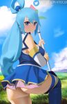  1girl aqua_(konosuba) ass atric18 bangs bare_shoulders blue_dress blue_eyes blue_hair blue_legwear blue_sky breasts closed_mouth commentary day detached_sleeves dress grass hair_ornament hair_rings highres holding holding_staff kono_subarashii_sekai_ni_shukufuku_wo! large_breasts long_hair looking_at_viewer looking_back outdoors sky smile solo staff standing standing_on_one_leg thighhighs thighs twitter_logo twitter_username very_long_hair web_address 
