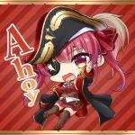 1girl :d bangs bare_shoulders bicorne black_headwear black_jacket blush boots breasts brown_footwear brown_legwear catchphrase chibi commentary_request covered_navel diagonal_stripes epaulettes eyebrows_visible_through_hair eyepatch full_body hair_between_eyes hair_ribbon hat hololive houshou_marine jacket long_hair long_sleeves looking_at_viewer medium_breasts open_clothes open_jacket open_mouth outstretched_arm pleated_skirt pointing red_background red_eyes red_hair red_ribbon red_shirt red_skirt ribbon shachoo. shirt skirt sleeveless sleeveless_shirt sleeves_past_fingers sleeves_past_wrists smile solo striped striped_background thighhighs thighhighs_under_boots twintails virtual_youtuber 