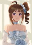  1girl ahoge bangs bare_shoulders blue_bow blue_choker blue_dress blue_flower blunt_bangs blush bouquet bow breasts brown_hair choker cleavage closed_mouth collarbone commentary dress drill_hair earrings elbow_gloves english_commentary eyebrows_visible_through_hair flower gloves hair_ornament holding holding_bouquet idolmaster idolmaster_million_live! jewelry kamille_(vcx68) long_hair looking_at_viewer medium_breasts purple_eyes side_ponytail sidelocks smile solo strapless strapless_dress upper_body wedding_dress white_gloves yokoyama_nao 