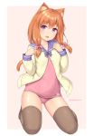  1girl :d animal_ear_fluff animal_ears blush border bow bowtie cat_ears cat_tail contrapposto covered_navel eyebrows_visible_through_hair full_body grey_legwear hair_bow hands_up jacket kneeling long_sleeves looking_at_viewer one-piece_swimsuit open_mouth orange_hair original pink_background pink_bow pink_swimsuit purple_eyes purple_neckwear purple_sailor_collar sailor_collar sasaame school_uniform serafuku simple_background smile solo swimsuit tail thighhighs twitter_username white_border yellow_jacket 