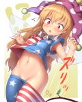  !? 1girl :o american_flag american_flag_legwear armpit_peek blonde_hair blush border branch breasts clownpiece fairy_wings groin hat highres jester_cap long_hair looking_down navel neck_ruff no_panties pantyhose pantyhose_pull polka_dot purple_headwear red_eyes shiny_shinx shirt short_sleeves small_breasts solo star_(symbol) star_print stomach striped surprised sweat touhou transparent_wings white_border wings 
