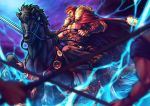  1boy arm_armor armor bara beard black_hair bucephalus cape carousel chest cleavage_cutout facial_hair fate/grand_order fate/zero fate_(series) fighting_stance from_side full_body fur_trim holding horse horseback_riding iskandar_(fate) leather lightning looking_at_viewer ma2910ko male_focus muscle pectorals red_cape red_eyes red_hair riding sandals sky soldier solo_focus sword weapon 