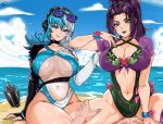  2girls blue_eyes blue_hair breasts butterfly_ornament cleavage eyewear_on_head green_one-piece_swimsuit hair_ribbon headphones heterochromia highres large_breasts long_hair looking_at_viewer luna_snow luna_snow_(cool_summer) marvel marvel_rivals multicolored_hair multiple_girls navel official_alternate_costume one-piece_swimsuit ponytail psylocke psylocke_(breezy_butterfly) purple_hair ribbon smile split-color_hair sunglasses swimsuit two-tone_hair waifuviolenta water white_hair x-men 