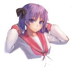  1girl arms_up bangs black_bow blue_eyes blush bow breasts closed_mouth commentary_request ear eyebrows_visible_through_hair hair_lift hiiragi_kagami long_hair looking_at_viewer lucky_star pink_sailor_collar purple_hair ranma_(kamenrideroz) sailor_collar school_uniform serafuku shirt simple_background smile solo upper_body white_background white_shirt 