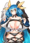  1girl areola_slip areolae asymmetrical_wings bangs bare_shoulders blue_hair blush bow breasts choker cleavage collarbone covered_nipples cowboy_shot curvy dizzy_(guilty_gear) guilty_gear hair_bow hair_ribbon hasppa highres huge_breasts inverted_nipples lactation lactation_through_clothes long_hair long_sleeves mole mole_on_breast navel ribbon simple_background solo tail thighhighs twintails veins veiny_breasts white_background wings 