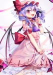  1girl :d ascot bat_wings fangs gunjou_row hat highres index_finger_raised long_hair looking_at_viewer mob_cap nail_polish open_mouth pink_headwear pink_skirt pointy_ears purple_hair purple_neckwear red_eyes red_nails remilia_scarlet short_sleeves skirt slit_pupils smile solo teeth touhou wings wrist_cuffs 