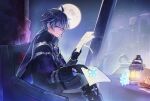  1boy antenna_hair black_boots black_coat black_gloves blue_hair boots chair closed_mouth coat collared_coat commentary_request crossed_bangs flins_(genshin_impact) flower full_moon genshin_impact gloves grey_pants highres holding holding_paper long_hair long_sleeves looking_down male_focus moon pants paper rei_(az93f1) sitting sky sleeve_cuffs smile solo star_(sky) starry_sky very_long_hair white_flower yellow_eyes 