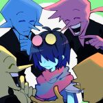  1other 2525nicc 4boys addison_(deltarune) armor black_shirt blue_addison_(deltarune) blue_hair blue_skin colored_skin deltarune eyewear_on_head hand_on_own_chin heterochromatic_eyewear highres kris_(dark_world)_(deltarune) kris_(deltarune) long_nose multiple_boys orange_addison_(deltarune) orange_skin pink_addison_(deltarune) pink_skin pointing pointing_at_another pointy_nose round_eyewear shirt short_hair smile striped_cape surrounded teeth tinted_eyewear utdr_(toby_fox) yellow_addison_(deltarune) yellow_skin 