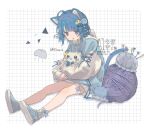  1girl ahoge animal_ears bandaid_on_thigh blue_eyes blue_hair blue_jacket blue_ribbon blue_shoes blunt_bangs bow_legwear cat_ears cat_girl cat_tail cloud_hair_ornament crescent crescent_hair_ornament from_side full_body grid_background hair_ornament highres hugging_object indie_virtual_youtuber jacket jellyfish_hair_ornament kurageu_roa mizutama_(32mz_k) multicolored_hair multicolored_jacket needle needler open_mouth ribbon shoes short_hair sitting sneakers socks solo streaked_hair stuffed_animal stuffed_cat stuffed_toy tail triangle_mouth twitter_username two-tone_jacket virtual_youtuber watermark white_jacket white_socks white_streaks x_hair_ornament yarn yarn_ball 