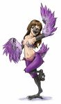  avian beak bemerry breasts brown_hair european_mythology eyes_closed eyewear feathers female glasses greek_mythology hair harpy hi_res mythological_avian mythology navel on_one_leg purple_body purple_feathers simple_background solo standing talons transformation white_background 