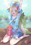  1girl absurdres ahoge animal_print arm_behind_head arm_up arms_up barefoot blonde_hair blue_bow blue_kimono blue_shorts blush bow butterfly_print day fish_print floral_print flower frilled_kimono frilled_shorts frills green_eyes hair_bow hair_bun hair_ornament hairclip haru_meguru heaven_burns_red highres japanese_clothes kimono looking_at_viewer one_eye_closed ooshima_yotsuha open_mouth outdoors parted_bangs pond print_kimono purple_bow robe sandals short_shorts short_sleeves shorts single_hair_bun sitting solo stretching stuffed_animal stuffed_toy thigh_strap unworn_sandals wariza water wooden_floor yawning 