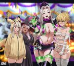  4girls absurdres ahoge artoria_pendragon_(fate) bandages bare_shoulders belt bikini black_boots black_dress black_hat black_skirt blonde_hair blush boots braid breasts chloe_von_einzbern cleavage closed_eyes cosplay dark-skinned_female dark_skin dress elbow_gloves fate/grand_order fate_(series) florence_nightingale_(fate) florence_nightingale_(trick_or_treatment)_(fate) florence_nightingale_(trick_or_treatment)_(fate)_(cosplay) garrison_cap gloves green_bikini green_eyes green_gloves green_thighhighs hair_bun hat highres hood hoodie illyasviel_von_einzbern irisviel_von_einzbern large_breasts layered_bikini long_hair long_sleeves looking_at_viewer looking_to_the_side medium_breasts miniskirt multiple_girls mummy_costume naked_bandage navel oldmanjenkins84 open_mouth orange_eyes parted_bangs pikachu pikachu_(cosplay) pikachu_hood pikachu_tail pink_hair pokemon pokemon_tail purple_belt purple_bikini red_eyes revealing_clothes saber_(fate) short_sleeves shrug_(clothing) sidelocks skirt small_breasts smile swimsuit tail thigh_boots thighhighs thighhighs_under_boots thighs white_hair witch_hat yellow_hoodie 