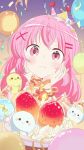  1girl balloon birthday birthday_cake blush cake candle closed_mouth comic_girls cream crown egg food gradient_background hair_ornament hairpin hands_on_own_chin happy_birthday head_tilt highres moeta_kaoruko multiple_hairpins noa123456789kawaii paw_pose pink_eyes pink_hair ribbon solo strawberry_cake stuffed_toy upper_body x_hair_ornament 