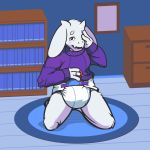  1:1 2019 anthro blush bookshelf bovid caprine clothing covering diaper dresser embarrassed extry female furniture goat hi_res horn inside kneeling looking_at_viewer mammal one_eye_obstructed pacifier picture_frame rug solo sweater topwear toriel undertale video_games 