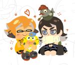  1boy 1girl abaddon_(haunted_hotel) alternate_species blue_eyes brown_hair character_request chibi chinese_text commentary esther_freeling haunted_hotel inkling_girl inkling_player_character long_hair no_lineart octoling_boy octoling_player_character orange_hair repeeksdnuorg short_hair simple_background sitting smallfry_(splatoon) splatoon_(series) tentacle_hair translation_request white_background 