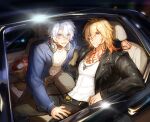  2boys antenna_hair arm_tattoo belt black_belt black_jacket black_pants blonde_hair blue_eyes blue_jacket braid car chest_tattoo commentary covered_abs ducksaisai facial_tattoo gradient_hair hand_on_another&#039;s_thigh highres honkai:_star_rail honkai_(series) jacket jewelry leather leather_jacket male_focus medium_hair motor_vehicle multicolored_hair multiple_boys mydei_(honkai:_star_rail) necklace on_car open_clothes open_jacket pants parted_bangs phainon_(honkai:_star_rail) red_hair red_tattoo shirt short_hair side_braid sweater symbol-only_commentary tattoo toned toned_male white_hair white_shirt white_sweater yellow_eyes 