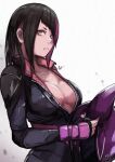  1girl absurdres black_bodysuit black_hair bodysuit breasts cleavage diagonal_bangs han_juri helmet highres holding holding_unworn_helmet large_breasts long_hair momo_juice multicolored_hair purple_eyes purple_hair simple_background solo street_fighter two-tone_hair unworn_headwear unworn_helmet upper_body white_background 