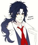  1boy black_hair black_vest coat collared_coat collared_shirt crying d.gray-man dress_shirt hair_over_shoulder hair_ribbon highres kiru_d_raw korean_text limited_palette long_hair looking_at_viewer low_ponytail male_focus mana_walker messy_hair necktie noah_(d.gray-man) parted_lips ponytail red_necktie ribbon shirt sidelocks simple_background solo streaming_tears tears trench_coat vest white_background yellow_eyes 