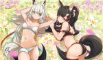  2girls ahoge alternate_hairstyle animal_ear_fluff animal_ears aqua_eyes ass ass_visible_through_thighs back bare_legs bikini black_bikini black_hair braid breasts cleavage closed_mouth commentary eyebrows_visible_through_hair eyelashes flower fox_ears fox_tail from_above groin hair_between_eyes hair_ornament hololive long_hair looking_at_viewer low-tied_long_hair lying majo_(pastamajo) medium_breasts midriff multicolored_hair multiple_girls navel on_back on_side ookami_mio ponytail red_hair shirakami_fubuki side_braid silver_hair smile streaked_hair swimsuit tail thigh_strap thighs two-tone_hair virtual_youtuber white_bikini wolf_ears wolf_tail yellow_eyes 