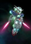  absurdres cable chibi commentary dark_background dual_wielding energy_sword full_body glowing glowing_eyes gn_drive green_eyes gundam gundam_00 gundam_exia highres holding holding_sword holding_weapon light_particles mecha mobile_suit no_humans robot science_fiction sd_gundam solo sword v-fin weapon zakuma 