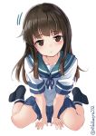  1girl bangs black_legwear blue_sailor_collar blue_skirt blunt_bangs blush brown_eyes brown_hair collarbone ebifurya eyebrows_visible_through_hair full_body hatsuyuki_(kantai_collection) highres hime_cut kantai_collection long_hair motion_lines parted_lips pleated_skirt sailor_collar school_uniform serafuku short_sleeves simple_background sitting skirt socks solo twitter_username wariza white_background 