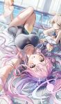  3girls :d absurdres blue_archive blue_one-piece_swimsuit blush breasts collarbone halo highres large_breasts long_hair looking_at_viewer lying mika_(blue_archive) multiple_girls mungduck nagisa_(blue_archive) on_back one-piece_swimsuit open_mouth outstretched_arm pink_hair pink_halo poolside seia_(blue_archive) sitting smile swimsuit trinity_general_school_logo trinity_general_school_swimsuit very_long_hair water yellow_eyes 