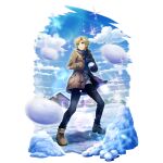  1boy artist_request black_pants blonde_hair blue_gloves blue_scarf blue_sky boots brown_boots brown_jacket cabin closed_mouth cloud cloudy_sky curtained_hair day full_body game_cg gloves green_eyes jacket kawasumi_itsuki light_smile long_sleeves looking_ahead male_focus messy_hair official_alternate_costume official_art open_clothes open_jacket outdoors pants scarf short_hair sidelocks simple_background sky snow snowball snowball_fight solo sparkle standing sweater tate_no_yuusha_no_nariagari tate_no_yuusha_no_nariagari_rerise transparent_background tree turtleneck turtleneck_sweater v-shaped_eyebrows white_sweater winter winter_clothes 