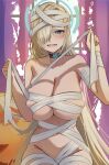  1girl asuna_(blue_archive) bandaged_arm bandaged_chest bandaged_head bandaged_leg bandages bare_shoulders blonde_hair blue_archive blue_eyes blue_halo blush breasts choker cleavage collarbone groin hair_over_one_eye halloween halo highres ito_(ito577) large_breasts long_hair mole mole_on_breast mummy_costume naked_bandage navel open_mouth solo very_long_hair 