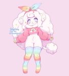  accessory anthro bovid caprine clothing female fur hair_accessory hair_bow hair_ribbon jellyenvy legwear mammal pink_background ribbons sheep simple_background solo stockings sweater topwear white_body white_fur 