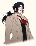  1boy black_hair black_vest brown_coat buttons coat collared_coat collared_shirt d.gray-man dress_shirt hair_ribbon kiru_d_raw long_hair long_sleeves looking_to_the_side low_ponytail male_focus mana_walker messy_hair neckerchief noah_(d.gray-man) open_clothes open_coat open_mouth parted_lips ponytail red_neckerchief ribbon shirt sidelocks simple_background solo sweat sweatdrop trench_coat vest white_ribbon white_shirt yellow_background yellow_eyes 