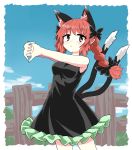  1girl animal_ears bare_legs black_bow black_dress black_ribbon bow braid cat_ears chups cowboy_shot dress extra_ears eyebrows_visible_through_hair frilled_dress frills green_frills highres kaenbyou_rin looking_at_viewer multiple_tails outdoors red_eyes red_hair red_nails ribbon sleeveless sleeveless_dress tail touhou two_tails 