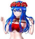  1girl bangs bikini bikini_top blue_eyes blue_hair bracelet breasts closed_mouth eyebrows_visible_through_hair fire_emblem fire_emblem:_the_binding_blade flower hair_between_eyes hair_flower hair_ornament head_wreath hibiscus jewelry lilina_(fire_emblem) long_hair looking_at_viewer medium_breasts navel red_bikini red_flower shiny shiny_hair simple_background smile solo swimsuit uni_(pixiv43878501) upper_body white_background 