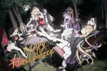  6+girls :d :q ajirogasa alice_margatroid ascot bat_(animal) bat_hat_ornament black_bow black_capelet black_dress black_gloves black_hair black_hat black_shirt blonde_hair bobby_socks book book_on_lap boots bow bowtie braid cake candelabra candle candlestand capelet chair crescent crescent_hat_ornament crossed_ankles cup dress feet_on_table flandre_scarlet food forest frilled_hairband frills gloves goat_skull gradient_hair grey_dress hair_bow hair_ornament hair_ribbon hairband halloween happy_halloween hat hat_bow hat_ornament highres hijiri_byakuren holding holding_cup kirisame_marisa layered_dress long_dress long_hair long_sleeves looking_at_viewer macaron mob_cap multicolored_hair multiple_girls nature open_mouth orange_ascot orange_bow orange_bowtie orange_hairband orange_ribbon outdoors outstretched_arm pointy_ears purple_bow purple_eyes purple_hair rcs_4 ribbon round_table shanghai_doll shirt short_hair single_braid sitting smile socks star_(symbol) star_hair_ornament steepled_fingers striped_bow table teacup tiered_tray tongue tongue_out touhou tray tree twin_braids two_side_up very_long_hair white_boots white_dress white_socks wings witch_hat wrist_cuffs yatadera_narumi yellow_eyes 