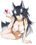  1girl animal_ears bikini black_bikini black_hair blue_eyes breasts cleavage commentary commentary_request eyebrows_visible_through_hair grey_wolf_(kemono_friends) heart heterochromia kemono_friends large_breasts long_hair multicolored multicolored_bikini multicolored_clothes multicolored_hair navel saijouji_reika side-tie_bikini simple_background solo speech_bubble swimsuit tail two-tone_hair white_background white_bikini white_hair wolf_ears wolf_girl wolf_tail yellow_eyes 