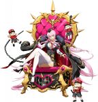  1girl belt black_hat black_jacket black_shoes black_vest breasts button_gap buttons chain character_doll cleavage collarbone collared_shirt crossed_legs doll evil_grin evil_smile floating floating_clothes floating_hair floating_object full_body fur-trimmed_jacket fur_trim game_cg garrison_cap garter_straps gold_trim green_eyes grin hair_between_eyes hat high_heels hilda_(langrisser) holding holding_weapon holding_whip huge_breasts jacket jacket_on_shoulders key langrisser langrisser_mobile langrisser_re:incarnation long_hair long_sidelocks looking_at_viewer military_hat military_jacket military_uniform necktie official_alternate_costume official_art open_clothes open_jacket parted_lips partially_unbuttoned pink_hair popped_collar puppet red_necktie scowl shirt shoes sidelocks simple_background sitting sitting_on_throne smile smirk solo tachi-e thighhighs third-party_source throne torn_clothes torn_jacket torn_thighhighs transparent_background very_long_hair vest weapon whip white_shirt white_thighhighs zettai_ryouiki 