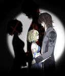  1boy 1girl bare_shoulders blonde_hair blood blood_stain brown_hair closed_eyes closed_mouth coat couple dress facing_another genshin_impact gold_trim grey_coat grey_sleeves hair_ornament hands_on_another's_hips height_difference hetero highres long_sleeves reiu_(rriuette) rerir_(genshin_impact) shadow sideways_mouth smile spotlight tholindis_(genshin_impact) twitter_username white_dress white_sleeves 