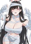  1girl absurdres bandaged_arm bandaged_chest bandaged_hand bandaged_head bandaged_leg bandages black_hair black_halo blue_archive blunt_bangs blush breasts bright_pupils claw_pose cleavage collarbone groin hair_ornament hairclip halo highres large_breasts long_hair looking_at_viewer multicolored_halo mummy_costume naked_bandage navel open_mouth red_eyes red_halo ref_(pmxt4483) rio_(blue_archive) solo thighs two-tone_halo very_long_hair white_pupils 