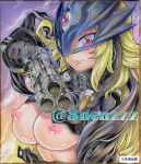  beelstarmon breasts commission cropped_shirt digimon digimon_(creature) eye_mask eyelashes finger_on_trigger gun highres holding holding_gun holding_weapon large_breasts marker_(medium) mask nipples photo_(medium) purple_eyes purple_lips sannen_netarou shikishi third_eye traditional_media upper_body weapon 