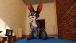 2018 appliance bed breasts brick_wall buckteeth digital_media_(artwork) disney door female fur furniture grey_body grey_fur judy_hopps kitchen_appliance lagomorph leondraw leporid mammal microwave_oven multicolored_body multicolored_fur nipple_outline purple_eyes rabbit solo table teeth thick_thighs two_tone_body two_tone_fur wall_(structure) zootopia