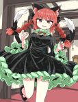  1girl animal_ears bare_legs black_bow black_dress black_footwear black_ribbon bow cat_ears chups cowboy_shot dress extra_ears eyebrows_visible_through_hair fang frilled_dress frills green_frills highres indoors kaenbyou_rin looking_at_viewer multiple_tails red_eyes red_hair red_nails red_neckwear ribbon solo tail touhou two_tails 